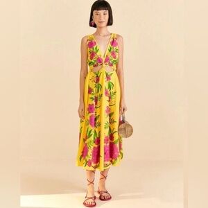 FARM Rio Romantic Garden Yellow Pink Plunge Midi Dress Size S